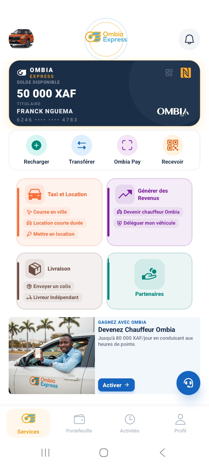 Ombia Express — écran d'accueil